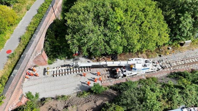 Drone shot of Network Rail teams placing new track panel at Guide Bridge August 2026: Drone shot of Network Rail teams placing new track panel at Guide Bridge August 2026
