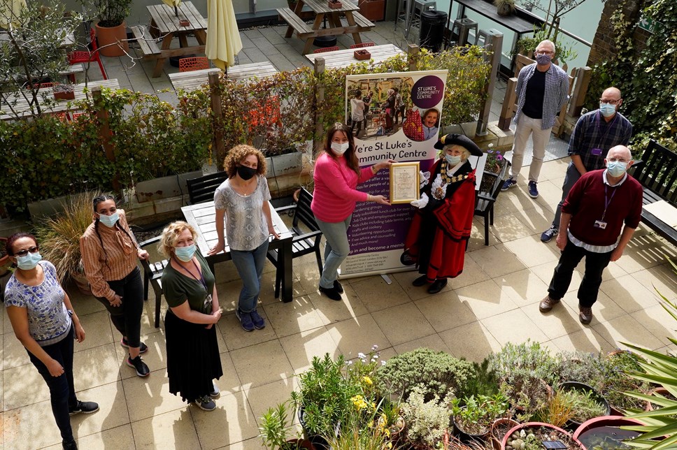 The St Luke’s Community Centre food bank team receive their Civic Award from Islington Mayor Cllr Janet Burgess