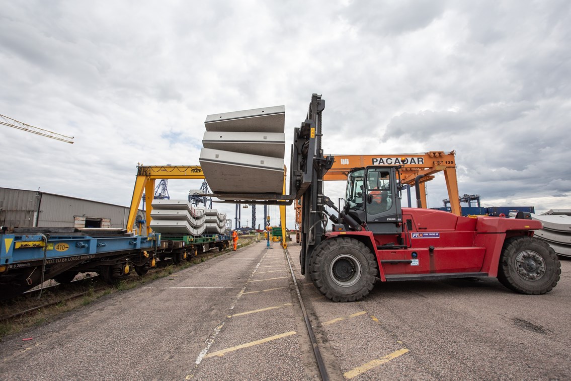 HS2 tunnel segment being loaded onto a GBRf train at Thamesport: HS2 tunnel segment being loaded onto a GBRf train at Thamesport