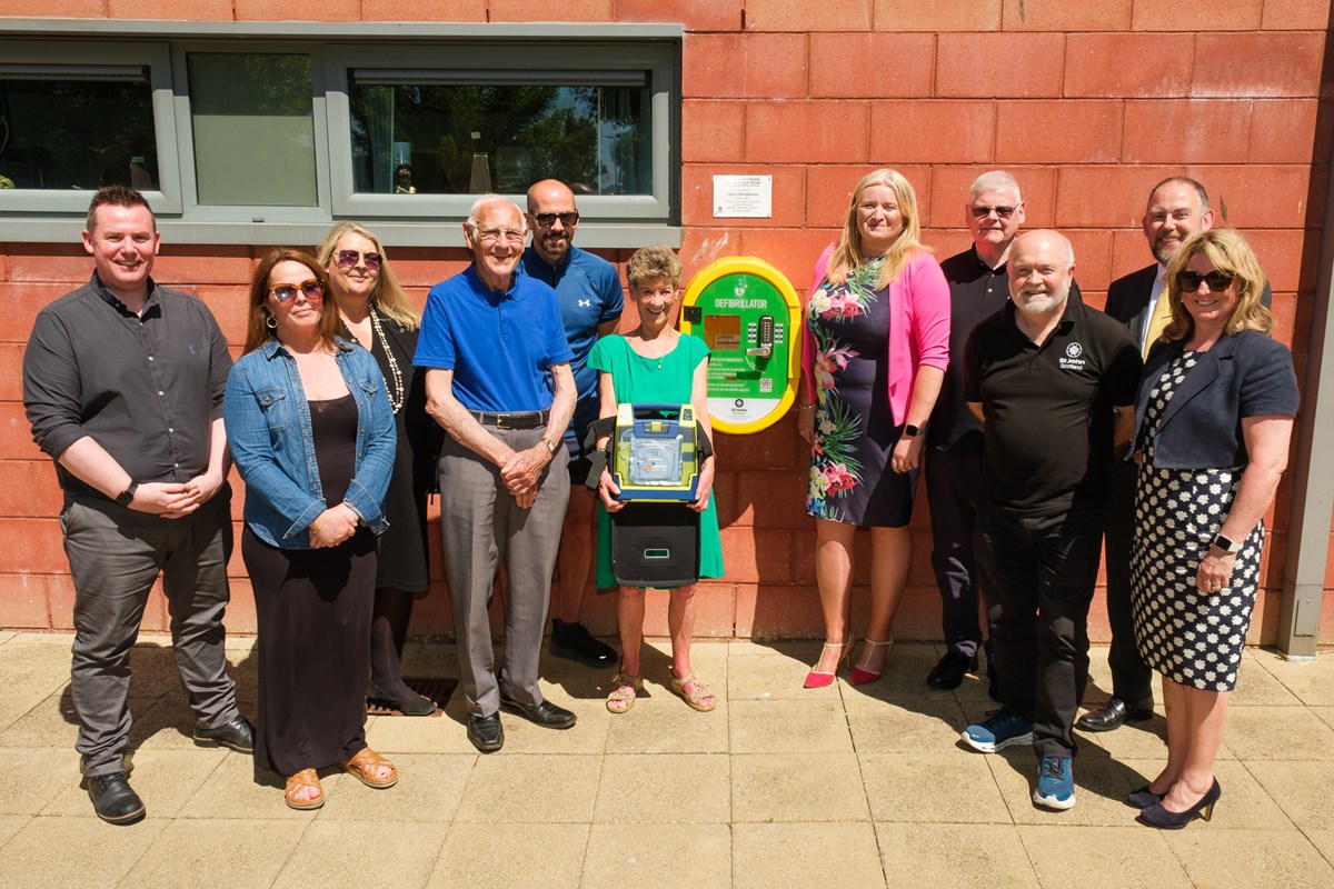 Cllr Ingram joined the Henderson family, Marcie Noble and Jess Duncan from St John Scotland to view the defib at Grange Campus with Head of Campus Scott Robertson