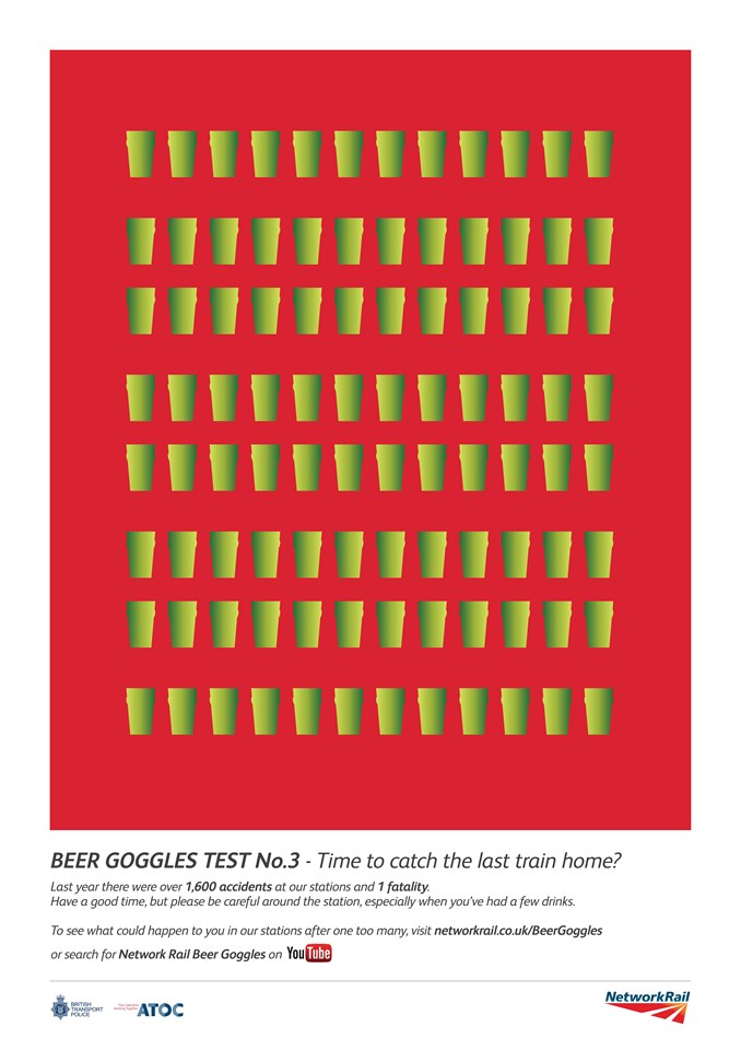 Don’t let a tipple turn into a trip, new campaign reminds passengers in the east of England: Station safety campaign poster - beer goggles 3