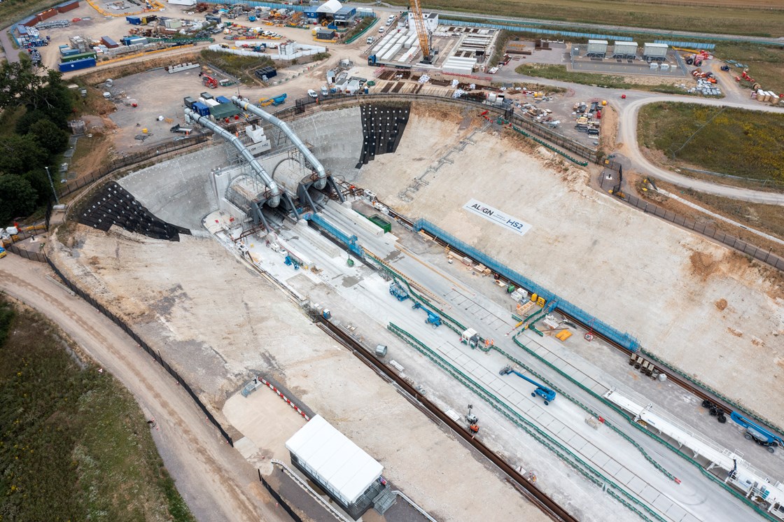 Aerial view of entrance to the HS2 Chiltern Tunnel at its South Portal in Hertfordshire, August 2021 HS2-VL-27845
