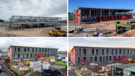 4 images showcasing the development of the construction of the University of Cumbria's Barrow campus