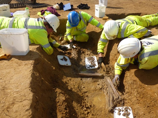 Archaeologists excavate the Offord Cluny burial (1) ©MOLA Headland Infrastructure