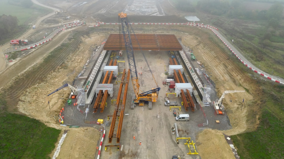 Aerial view of Turweston Green Overbridge beam installation (October 2024) DJI 0083