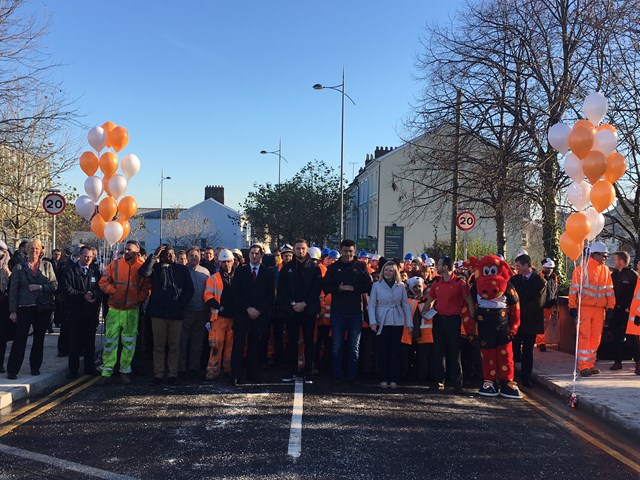 Bridge Street Road Bridge reopening event: Pictured at the Bridge Street Road Bridge opening event include: Karl Gilmore, programme manager for Network Rail Wales, Jayne Bryant AM, Principal contractors ABC Electrification, Leon Brown and Harrison Keddie from the Gwent Dragons and pupils from St Woolos primary school and Maindee school.