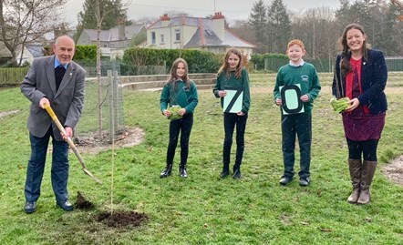 Milne's Primary School jubilee tree planting: L-R: Deputy LL George McIntyre; Laurie; Grace; Max; Miss Karam