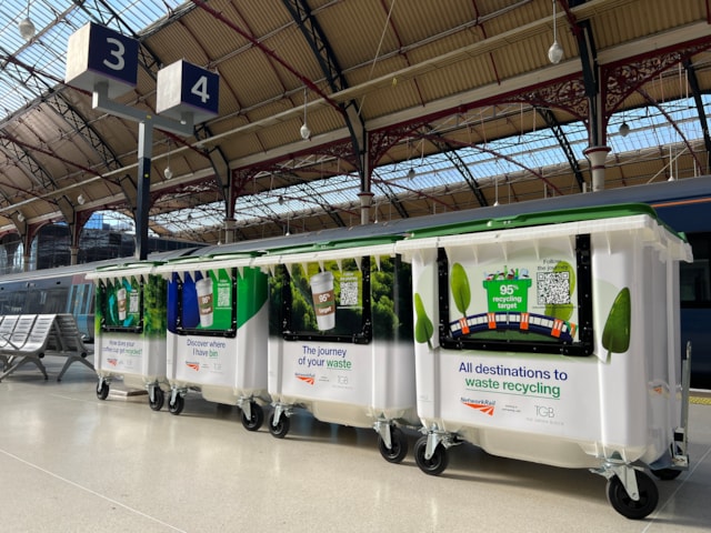 From bin to cup: Network Rail tracks the journey of a coffee cup from its station bins as part of new recycling effort to divert 100% of all waste from landfill: Sponsored recycling bins