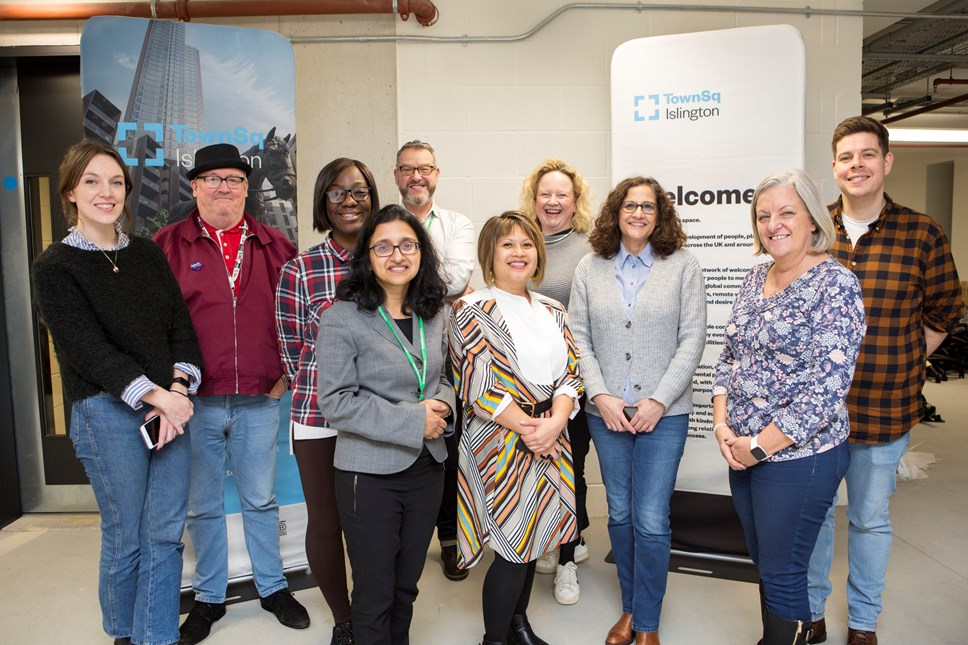 Cllr Asima Shaikh, third from right, is joined at the White Collar Factory by TownSq co-founder Mandy Weston, second from right, TownSq Community Director Jamie McGowan, far right, Bunhill councillors and colleagues.