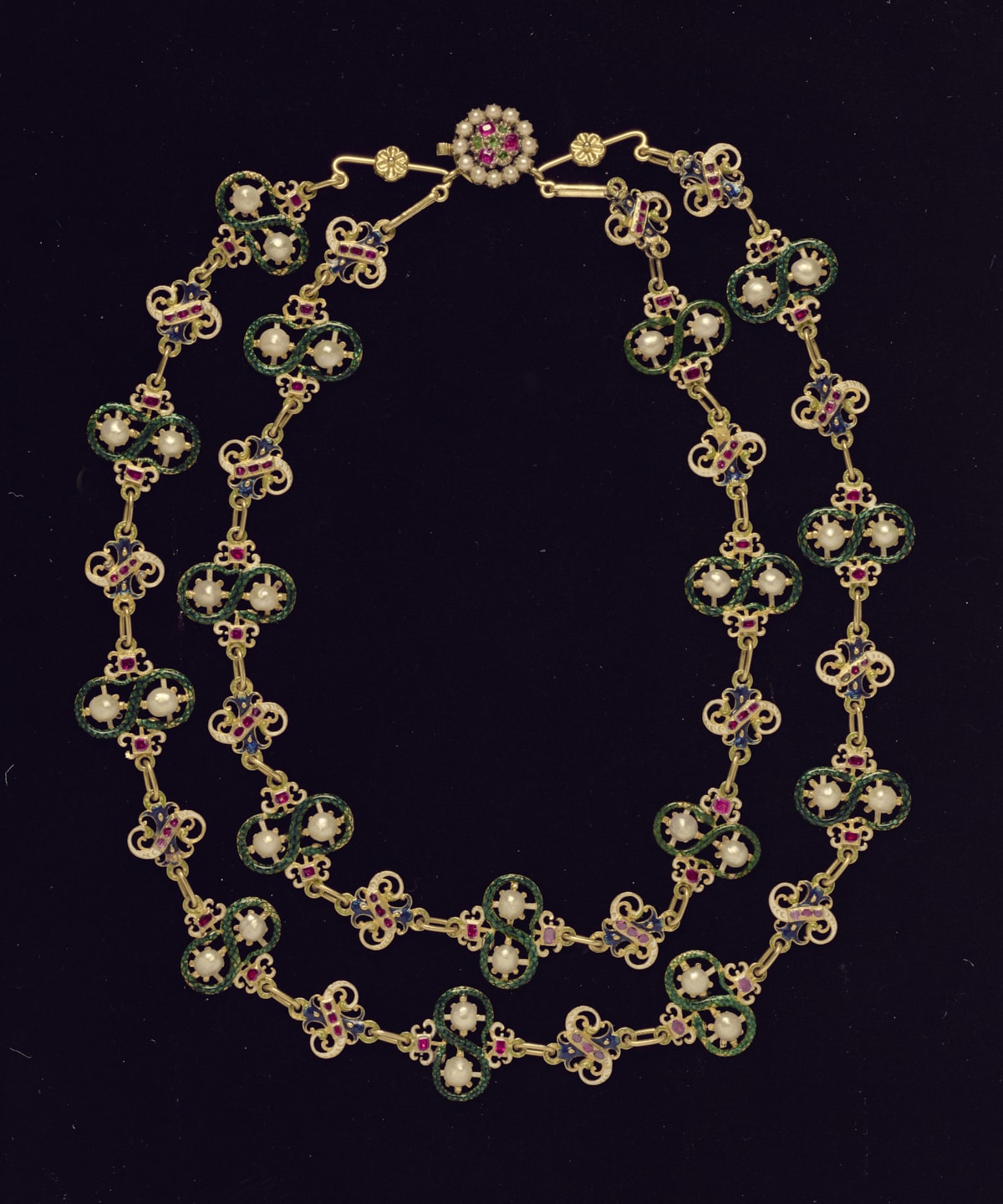 Gold enamelled necklace with pearls, rubies and garnets, 16th - 17th century. Image © National Museums Scotland