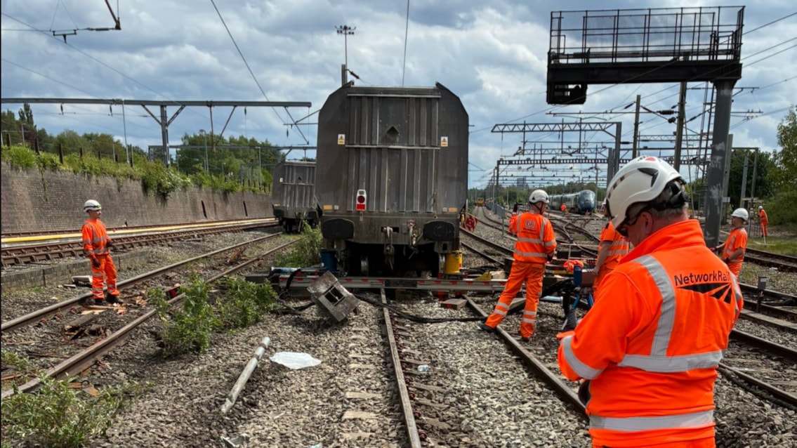 Railway reopens between Wolverhampton and Shrewsbury: Network Rail team removing derailed freight wagon at Oxley