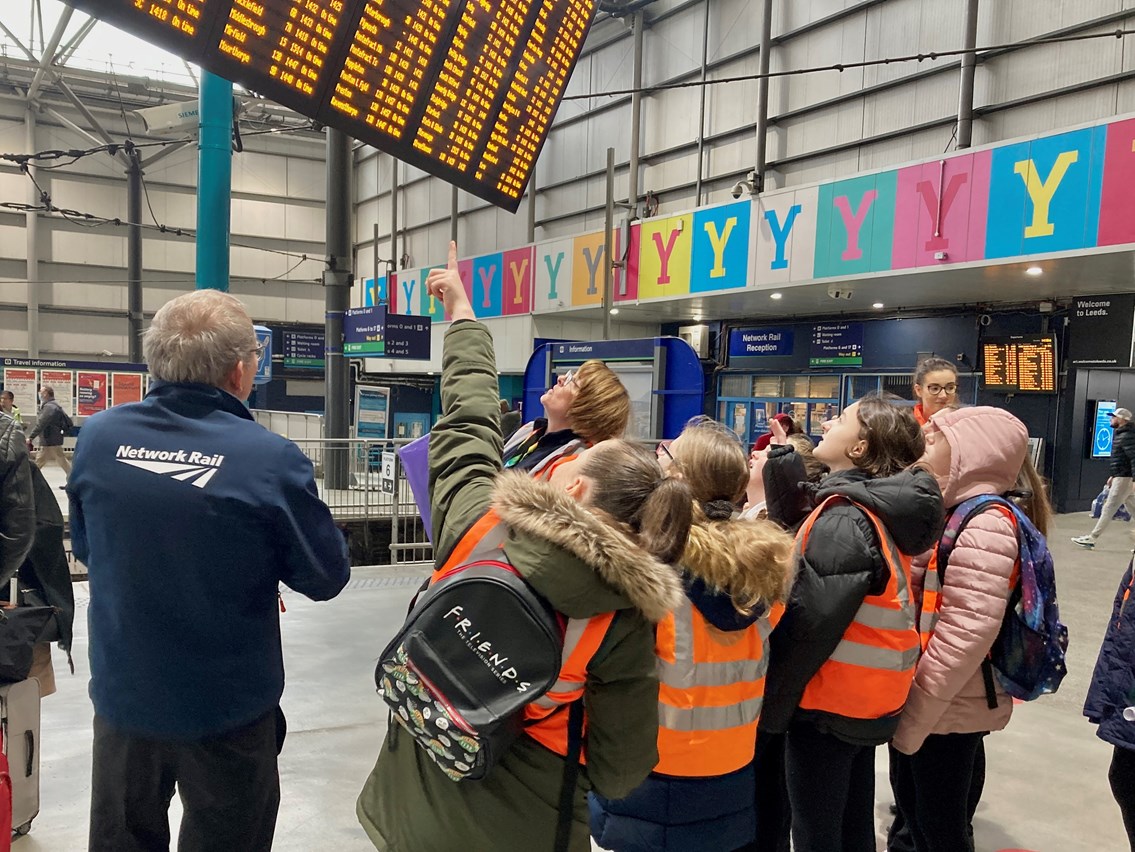 More than 200 West Yorkshire school children learn a lesson in railway safety at Leeds Station: Network Rail station safety talk