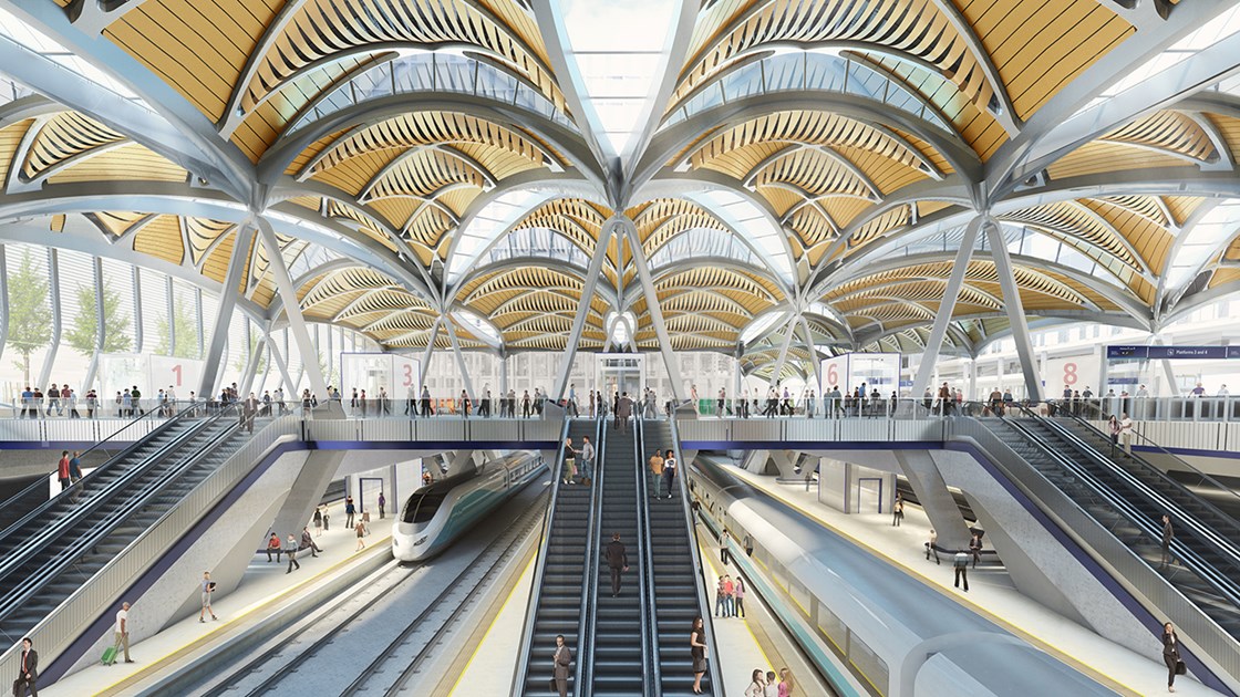 Euston HS2 high speed platforms: Architectural vision for the new high speed rail platforms at an extended Euston station.