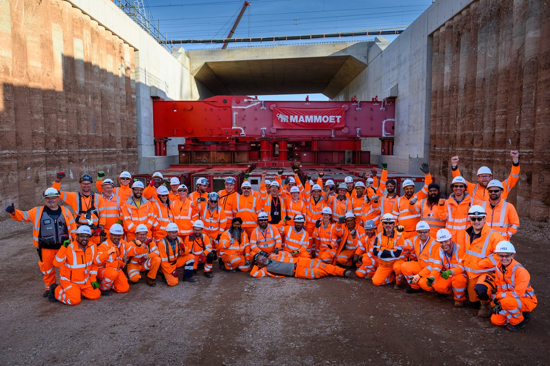 The HS2 and BBV team celebrates the UK's heaviest bridge drive