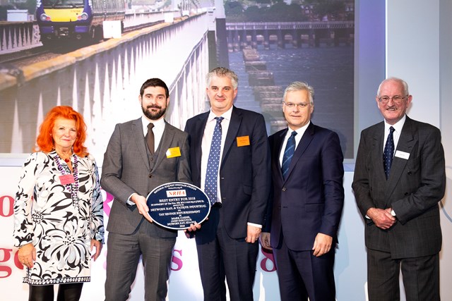 Tay Bridge - Mark Wilson of Network Rail (2nd left) and Jason Worrall of Taziker (centre) with Lady McAlpine, Mark Carne, former Network Rail CEO and John Ellis of the NRHA