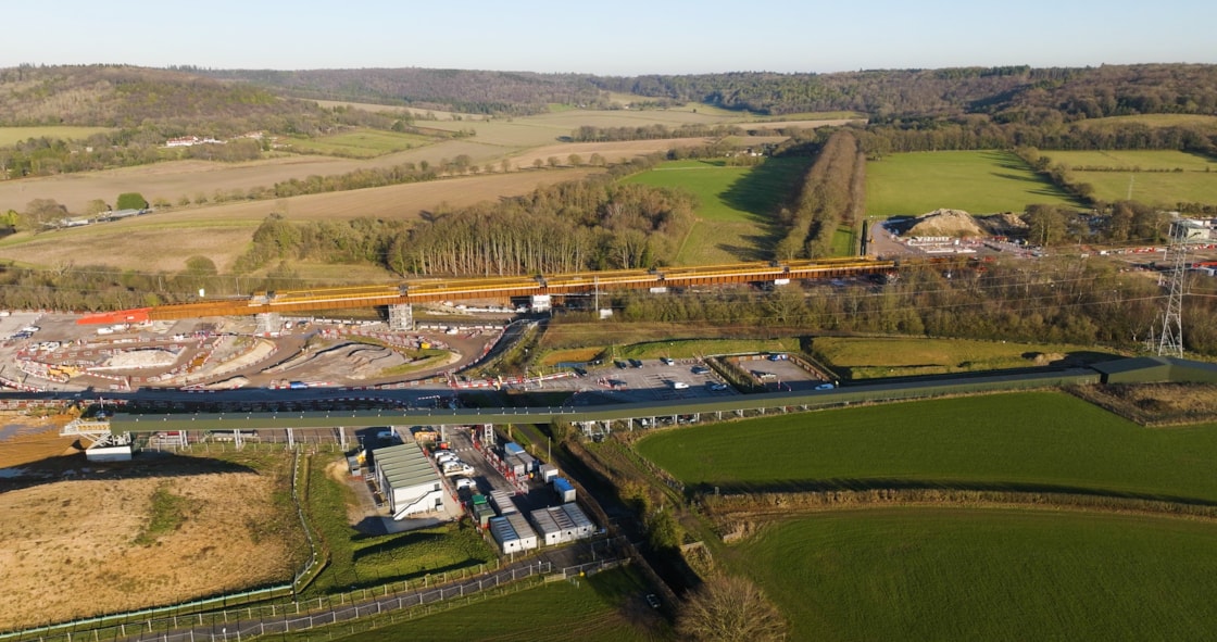 Aerial view of Small Dean viaduct deck in final position across road and railway line in Wendover 13 (1)