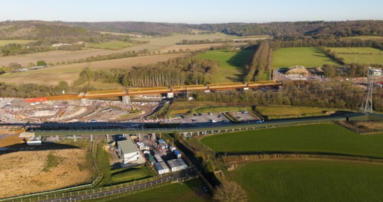 Aerial view of Small Dean viaduct deck in final position across road and railway line in Wendover 13 (1)