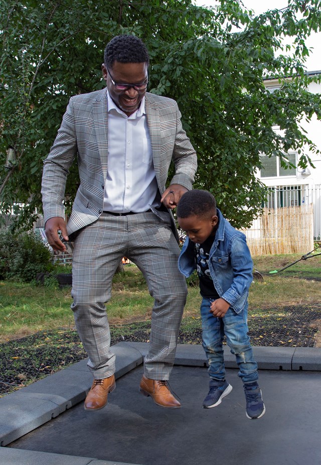 Deptford trampoline: Head teacher Dean Gordon enjoys the trampoline at Grinling Gibbons school, Deptford