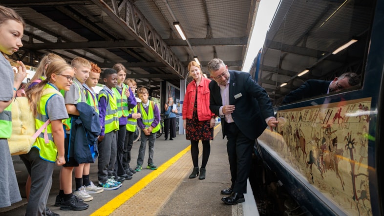 Southeastern unveils community-named Bayeux Tapestry train as Hastings children begin historic journey: Southeastern unveils community-named Bayeux Tapestry train-16