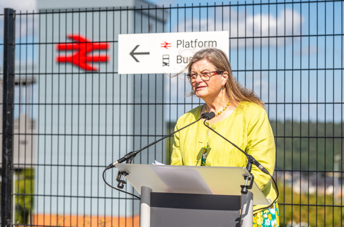 Cllr Mandy Ewings, Leader of West Devon Borough Council, speaks as Okehampton Interchange opens- Credit: Devon and Cornwall Rail Partnership