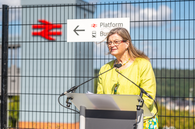 Cllr Mandy Ewings, Leader of West Devon Borough Council, speaks as Okehampton Interchange opens- Credit: Devon and Cornwall Rail Partnership