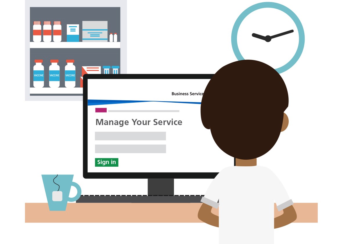 A vector graphic of a pharmacy contractor sat in front of a computer using the Manager Your Service (MYS) portal