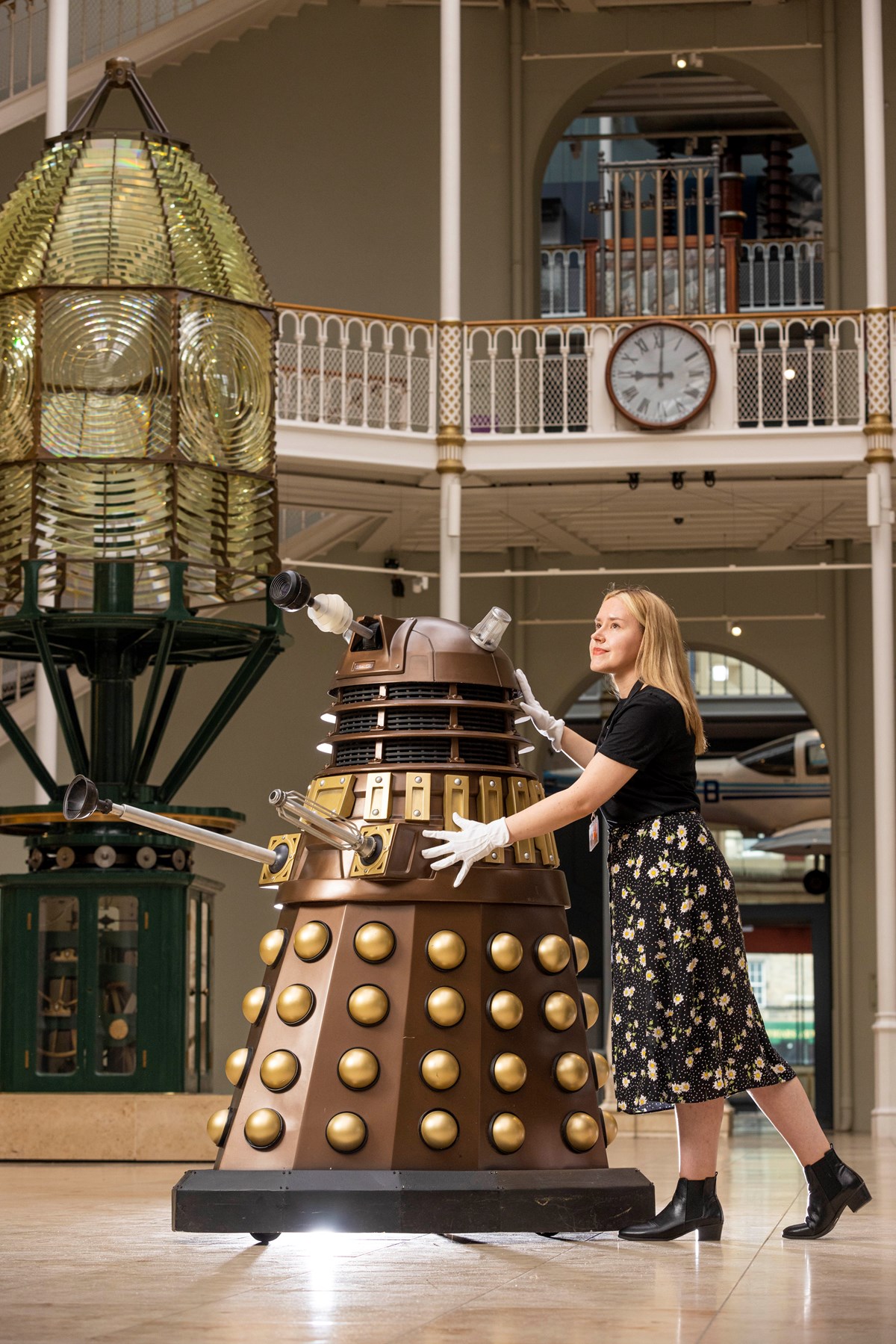 Liv Mullen wheels a Dalek into the National Museum of Scotland ahead of major exhibition. Photo credit © Duncan McGlynn (1)