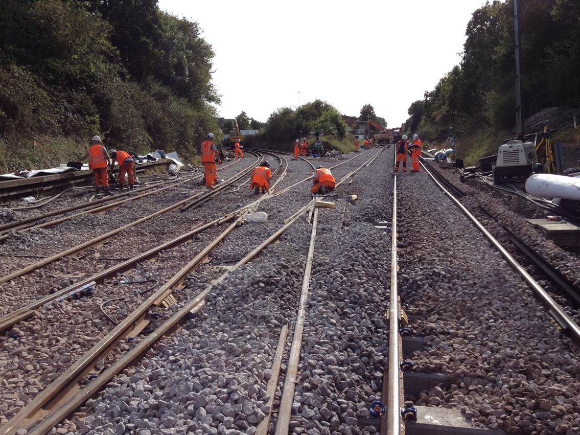 Network Rail contractors replacing worn-out track at Keymer Junction in Sussex: Network Rail contractors replacing worn-out track at Keymer Junction in Sussex
