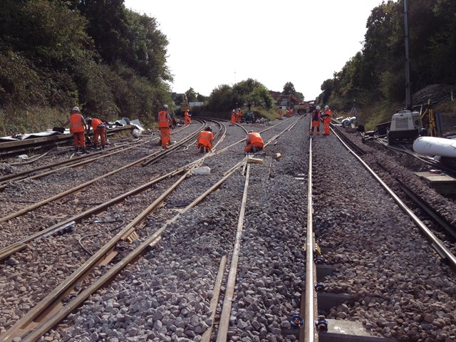 Network Rail contractors replacing worn-out track at Keymer Junction in Sussex: Network Rail contractors replacing worn-out track at Keymer Junction in Sussex