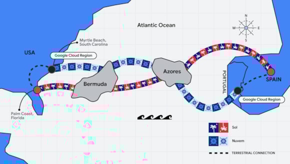 Google Cloud anuncia su segundo cable submarino que conectará España con Estados Unidos: Imagen recurso mapa Sol