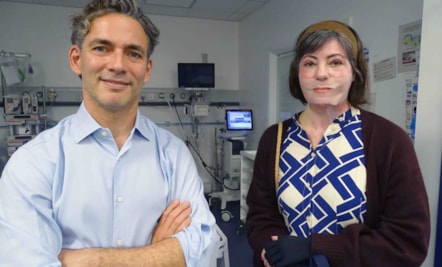 Sian Morgan with consultant surgeon Jeremy Yarrow, clinical director at the Welsh Centre for Burns and Plastic Surgery