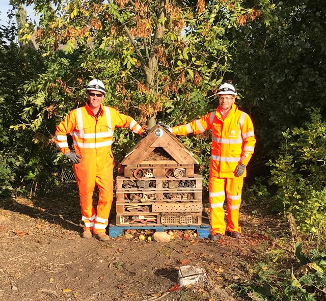 REAL's Construction Manager, Rob Mercer, left, and Environmental Manager Simon Hughes with the Bug Hotel at Bawtry