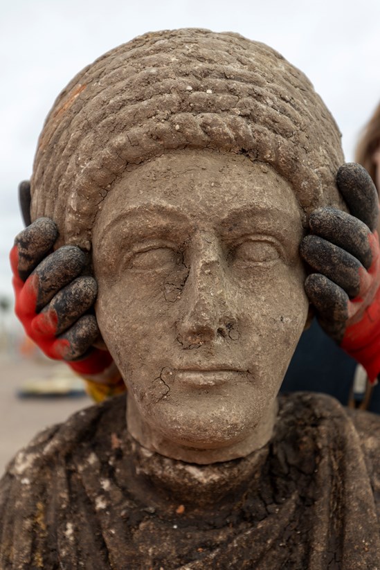 Complete female bust of Roman statue - Artefacts from St Mary's Archaeological dig - Stoke Mandeville, Buckinghamshire-13: Complete female bust of Roman statue discovered during a HS2 archaeological dig at the site of old St Mary’s church in Stoke Mandeville, Buckinghamshire. The artefacts were found underneath the footprint of a Medieval church that was being excavated. 

Tags: Roman, Archaeology, Stoke Mandeville, Buckinghamshire