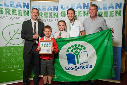 Cllr Barton with Cara, Patrick and Mr Swan from Onthank PS and Daniel Barrie,  Eco Schools Education and Learning Manager.