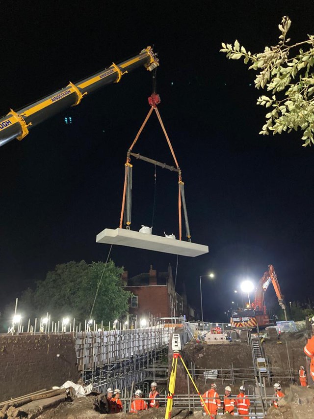 Pre cast concrete panels being lifted in for new Ladies Lane Bridge in Hindley: Pre cast concrete panels being lifted in for new Ladies Lane Bridge in Hindley
