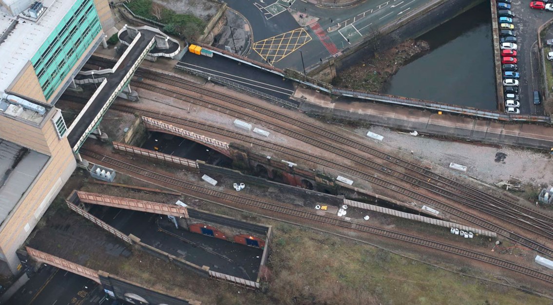 Aerial view of the Great Ducie Street and Victoria Street bridges before the overhaul