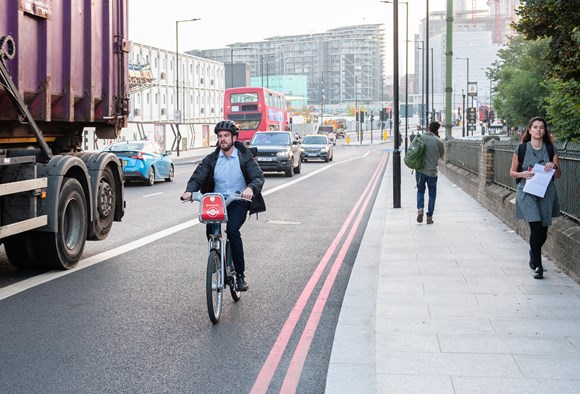 TfL Press Release - TfL to begin using new enforcement powers to improve cycle safety on its roads: TfL Image - Cyclist on Battersea Park Road 1