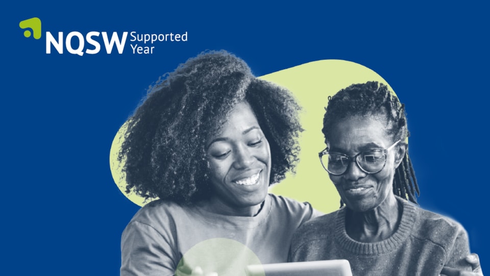 NQSW Supported Year logo on blue background with two females, smiling looking at a tablet screen.