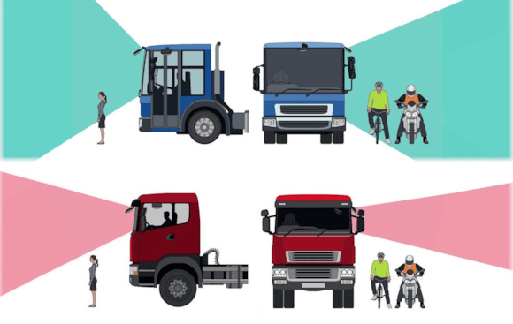 World-leading Direct Vision Standard for HGVs strengthened in the capital, helping to reduce road danger and save lives: This image shows the difference in vision between a five-star rated vehicle and a zero-star rated vehicle