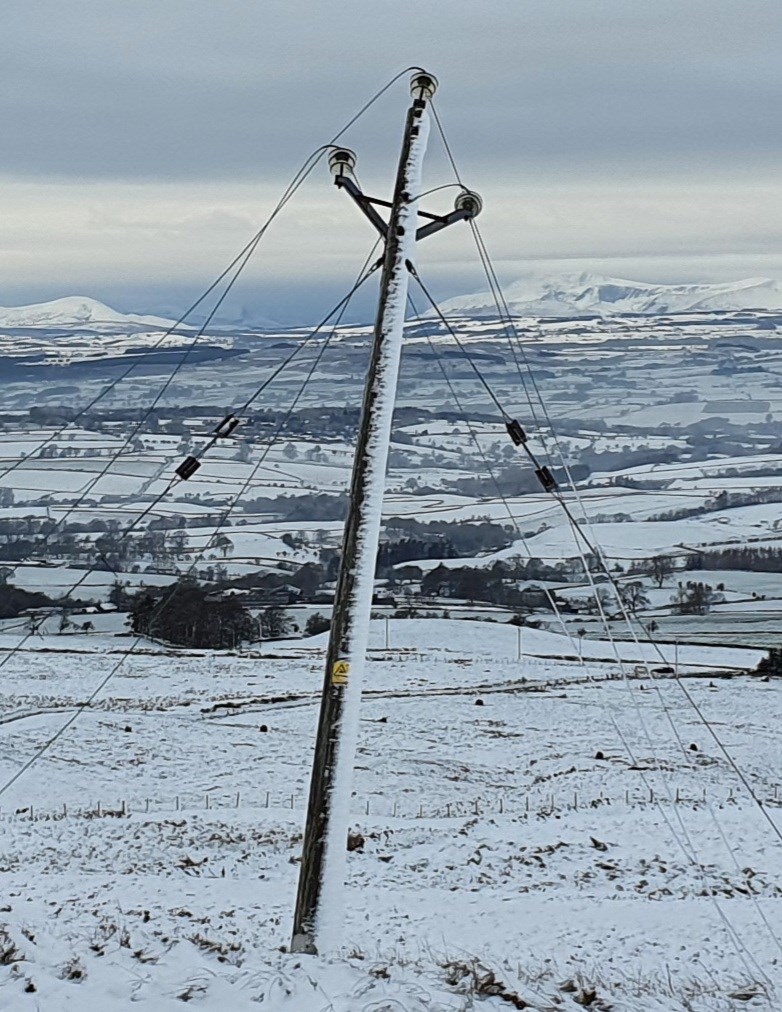 Pole damaged in Alston by Storm Arwen
