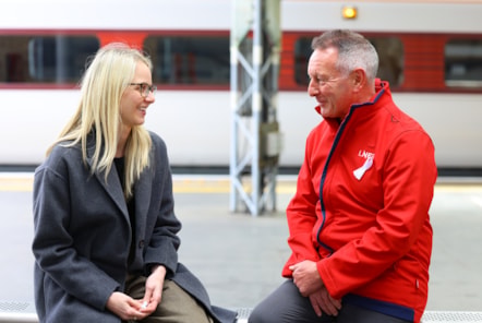 LNER customer Nicola talking to Safety and Safeguarding Manager at LNER Jim Rawcliffe