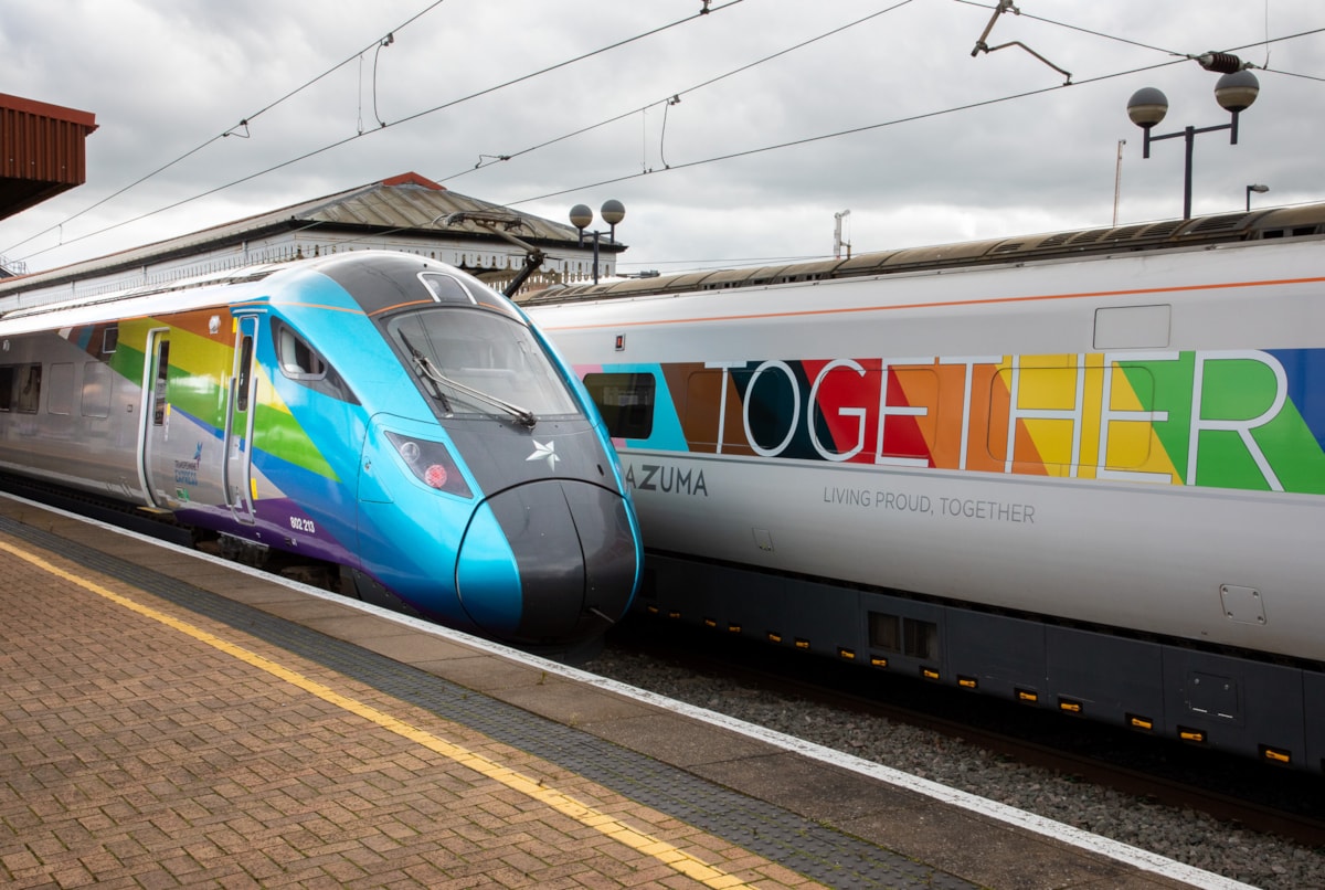 TPE’s ‘Unity’ and LNER’s ‘Together’ pictured together for the first time ahead of York Pride 2024. Photo credits Jason Lock.