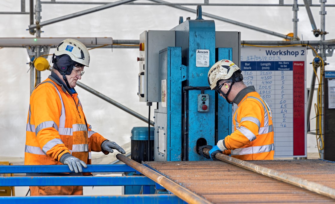 Rebar facility at Copthall Tunnel site-4: HS2 has set up a rebar threading facility to address materials shortages at its Copthall tunnel construction site in Hillingdon - creating jobs, cutting waste and reducing lorry movements. The new facility will make 92,000 rebar couplers, needed to construct the Copthall tunnel.