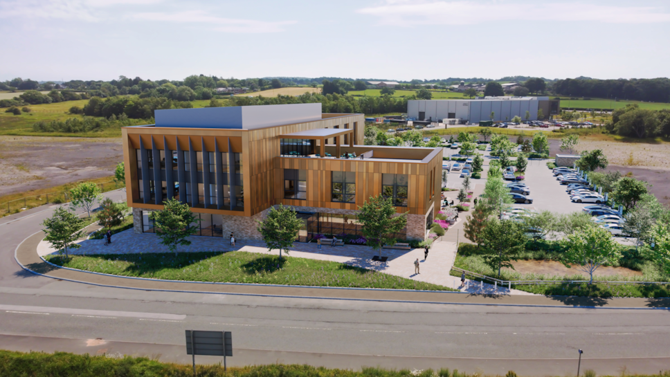 Initial Concept CGI Ariel view looking towards principal frontage, off Sir Frederick Page Way