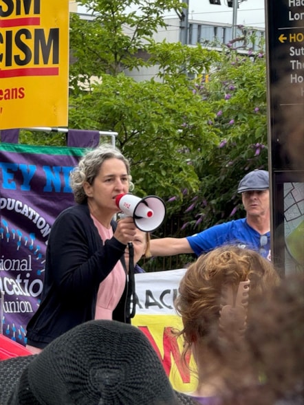 Mayor of Hackney Caroline Woodley speaks at an antiracism protest