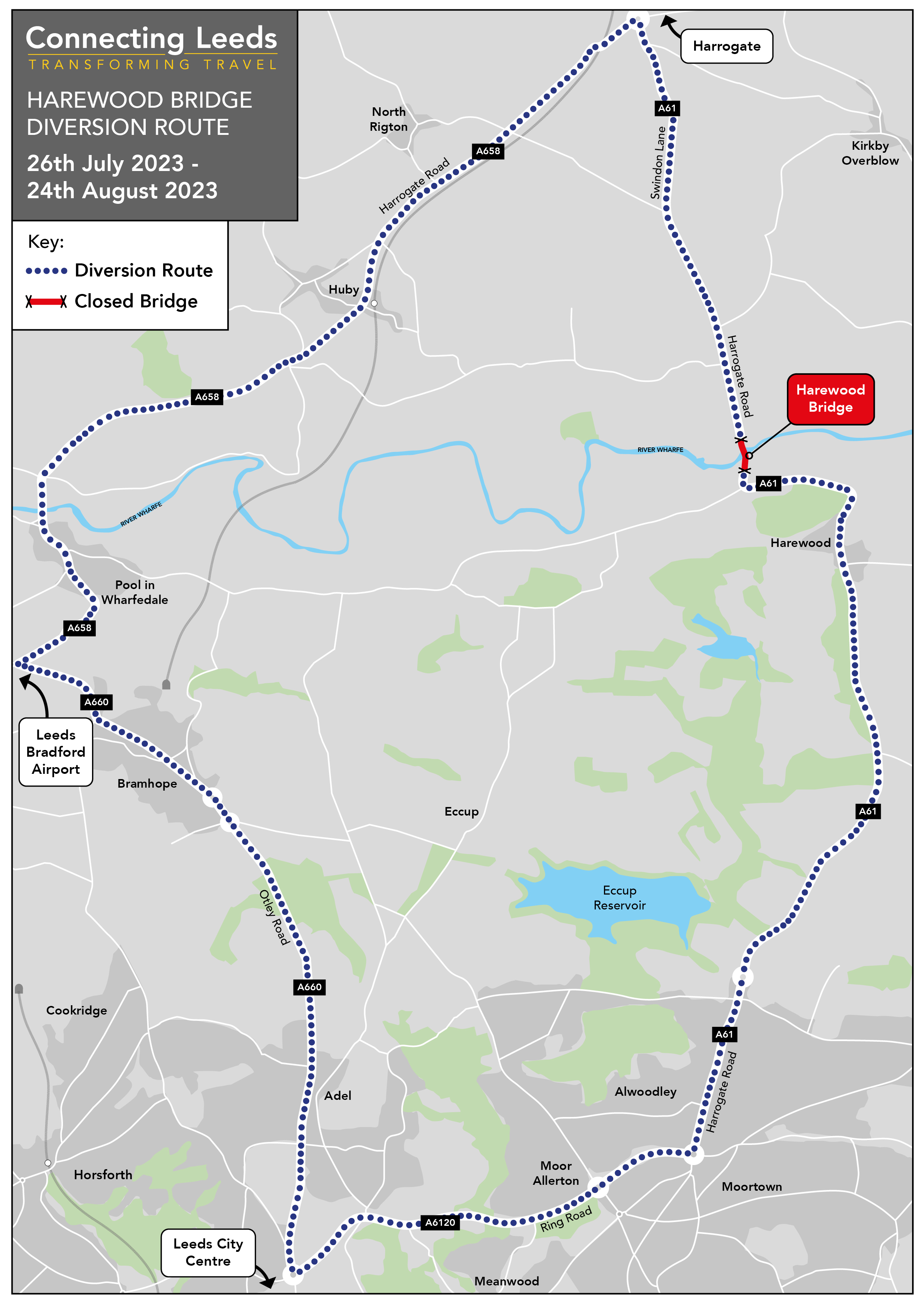 Plan ahead Harewood Bridge four week closure starting 26 July 2023