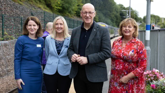Borders Railway celebrates 10th anniversary: Catherine Hall Director of Strategy and Investment at Network Rail, Joanne Maguire Managing Director Scotrail, First Minister John Swinney, Cabinet Secretary for Transport Fiona Hyslop - Borders 10th anniversary