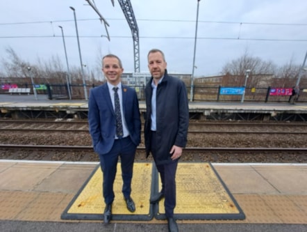 Lancashire County Councillor Aidy Riggott, (left) cabinet member for Economic Development and Growth, pictured with Leader of Chorley Council Alistair Bradley at Buckshaw Parkway Railway Station.jpg