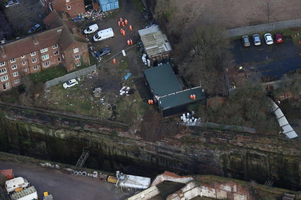 Final repairs underway to damaged wall overlooking Liverpool Lime Street tunnels: Aerial shot of the collapsed wall as seen from Network Rail's helicopter