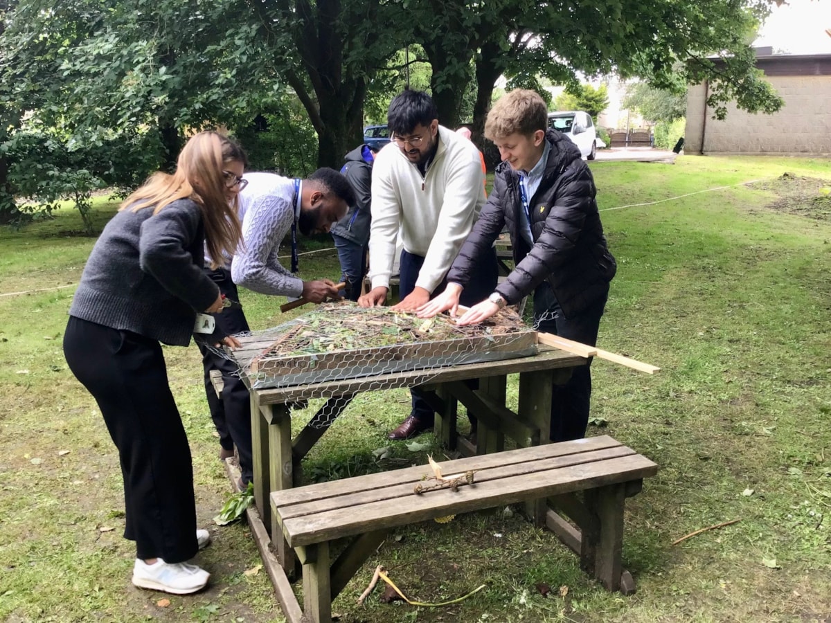 Image shows Northern employees creating bug hotel